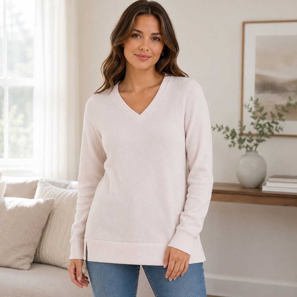 Marc New York Sweatshirt Women L Cream Ribbed V-Neck Pullover Casual